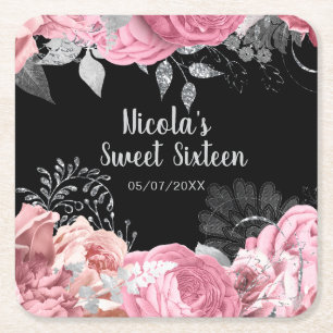 Elegante Roze en Zilveren Bloemen Sweet Sixteen  Kartonnen Onderzetters