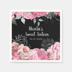 Elegante Roze en Zilveren Bloemen Sweet Sixteen  Servet