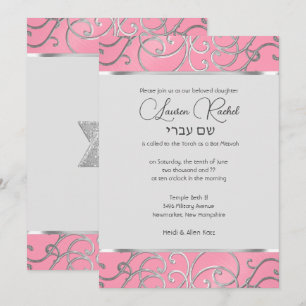 Elegante roze en zilveren filigraan Bat Mitzvah Kaart