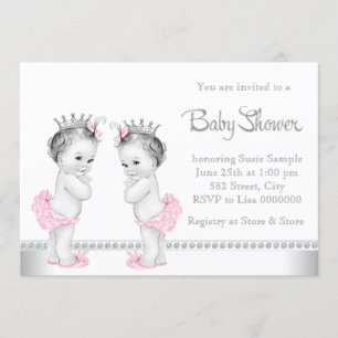 Elegante Roze en Zilveren Twin Meisje Baby Shower Kaart
