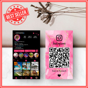 Elegante Roze en Zwarte Agaat Marmer Instagram QR Visitekaartje