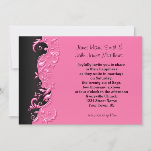 Elegante roze en zwarte bloemige bruiloft uitnodig kaart (Voorkant)