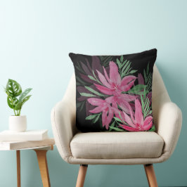 Elegante roze en zwarte Boho bloemige Waterverf Kussen