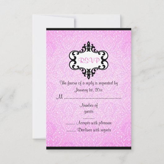 Elegante roze en zwarte Chic Damask RSVP-kaart RSVP Kaartje (Voorkant)