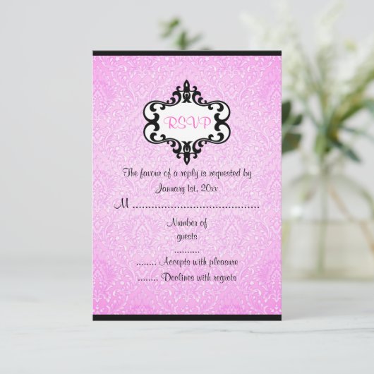 Elegante roze en zwarte Chic Damask RSVP-kaart RSVP Kaartje (Staand voorkant)