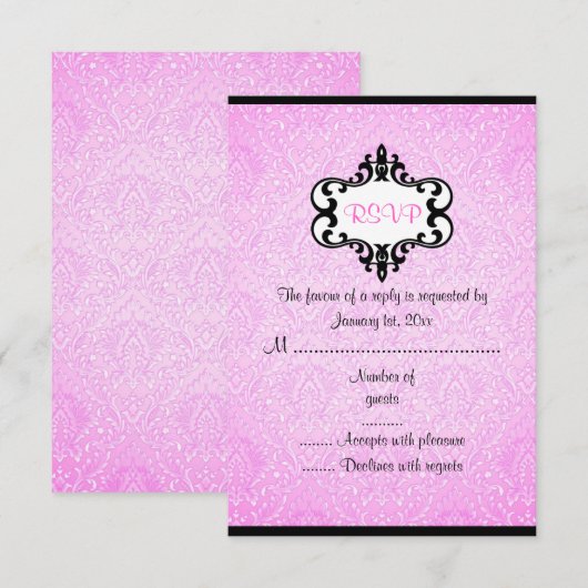 Elegante roze en zwarte Chic Damask RSVP-kaart RSVP Kaartje (Voorkant / Achterkant)