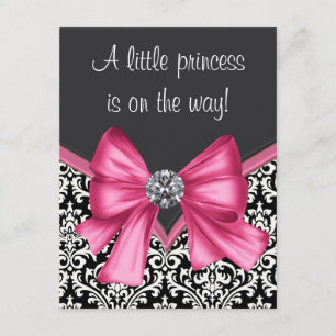 Elegante Roze en Zwarte Damast Baby Shower Kaart