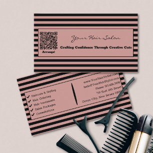 Elegante roze en zwarte gestreepte QR-code voor ka Visitekaartje