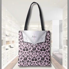 Elegante Roze en Zwarte Roos Monogram Naam Boodsch Tote Bag