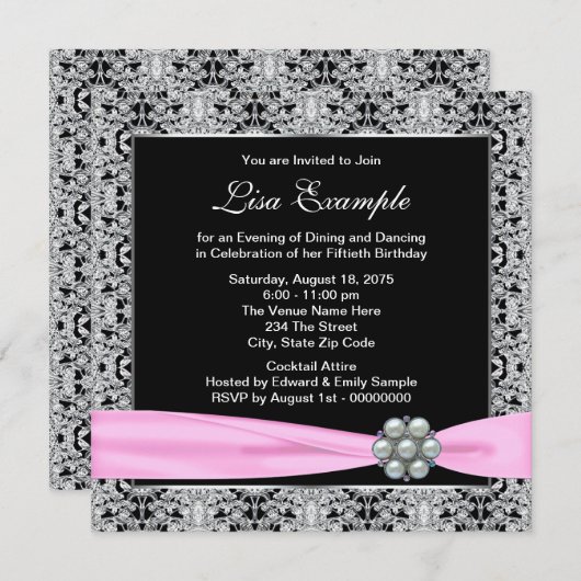 Elegante roze en zwarte vrouwen 50ste verjaardagsf kaart (Voorkant / Achterkant)