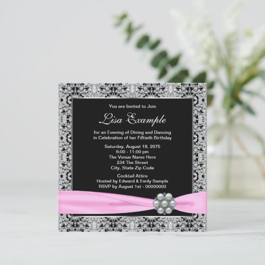 Elegante roze en zwarte vrouwen 50ste verjaardagsf kaart (Staand voorkant)