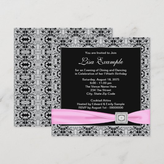 Elegante roze en zwarte vrouwen 50ste verjaardagsf kaart (Voorkant / Achterkant)