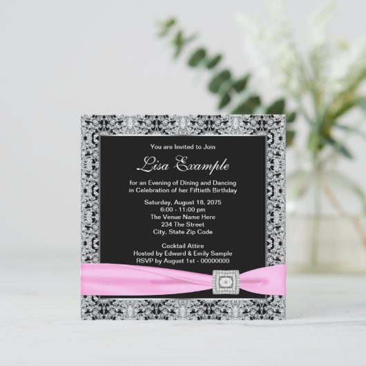 Elegante roze en zwarte vrouwen 50ste verjaardagsf kaart (Staand voorkant)