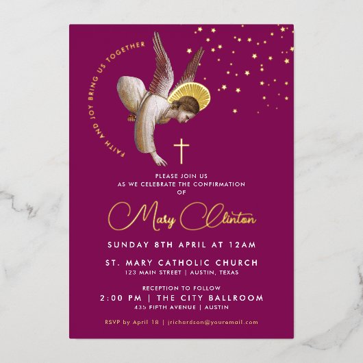 Elegante roze engel bevestiging communie geloof folie uitnodiging (Voorkant)