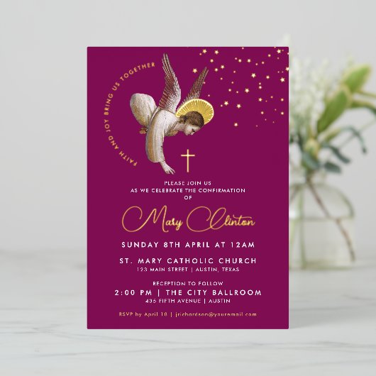 Elegante roze engel bevestiging communie geloof folie uitnodiging (Staand Voorkant)