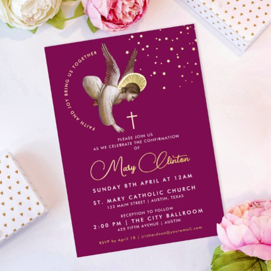 Elegante roze engel bevestiging communie geloof folie uitnodiging
