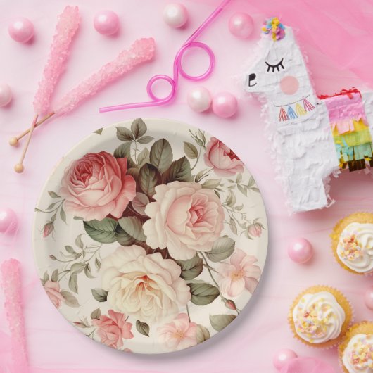 Elegante roze Engelse Rozen Papieren Bordje (Feest)