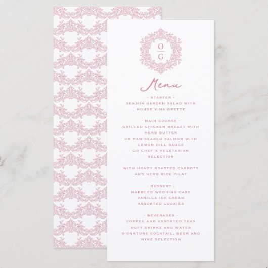 Elegante Roze Erfstuk Bruiloftsreceptie Menu (Voorkant / Achterkant)