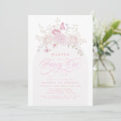 Elegante Roze Fancy Eén 1e Verjaardagsfeestje Kaart (Staand voorkant)