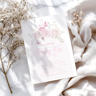 Elegante Roze Fancy Eén 1e Verjaardagsfeestje Kaart