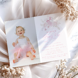 Elegante Roze Fantasie Eén | Foto 1e Verjaardagsfe Kaart