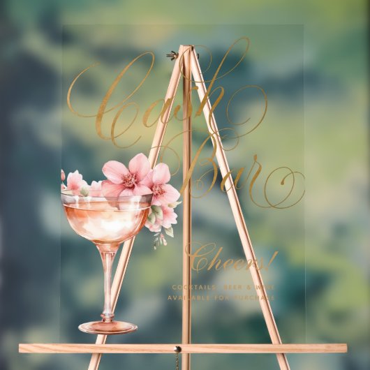 Elegante roze Faux Gold Floral Cash Bar Acryl Bord (Neutraal)
