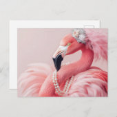 Elegante roze flamingo met parels en veren briefkaart (Voorkant / Achterkant)
