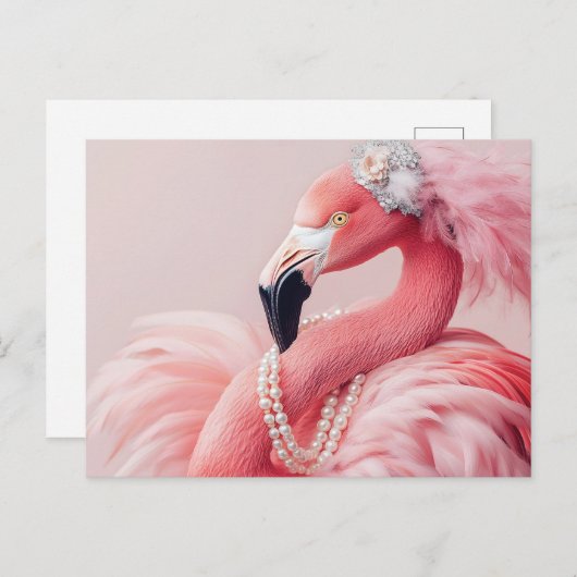 Elegante roze flamingo met parels en veren briefkaart (Voorkant / Achterkant)