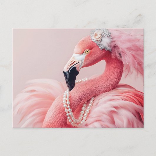 Elegante roze flamingo met parels en veren briefkaart (Voorkant)