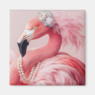 Elegante roze flamingo met parels en veren magneet