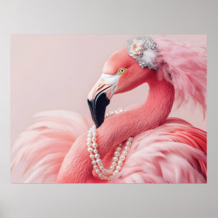 Elegante roze flamingo met parels en veren poster