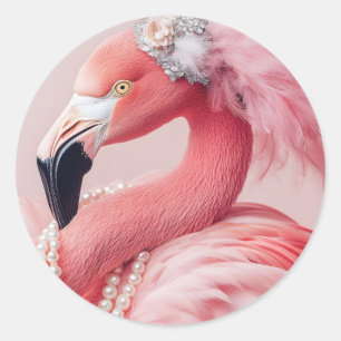 Elegante roze flamingo met parels en veren ronde sticker