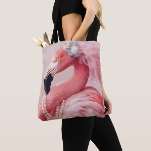 Elegante roze flamingo met parels en veren tote bag