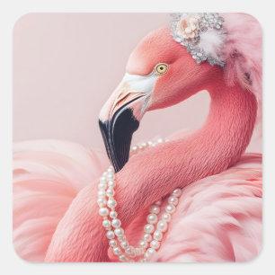 Elegante roze flamingo met parels en veren vierkante sticker