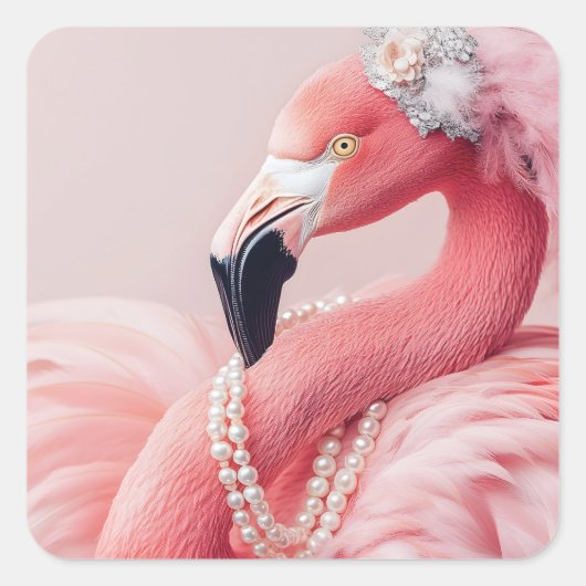 Elegante roze flamingo met parels en veren vierkante sticker (Voorkant)