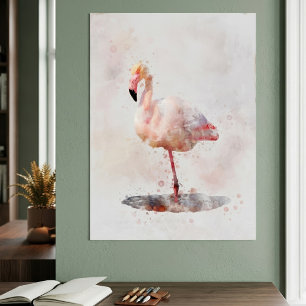 Elegante Roze Flamingo staand in Waterverf Poster