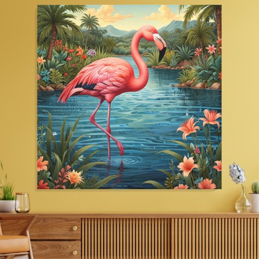 Elegante roze flamingo tropisch paradijs lagune canvas afdruk (Insitu (Woonkamer))