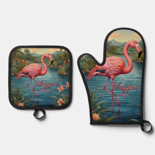 Elegante roze flamingo tropisch paradijs lagune ovenwant & pannenlap set (Voorkant)