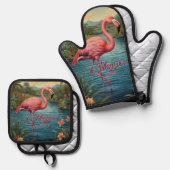 Elegante roze flamingo tropisch paradijs lagune ovenwant & pannenlap set (Voorkant / Achterkant)
