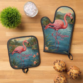 Elegante roze flamingo tropisch paradijs lagune ovenwant & pannenlap set (Top down)