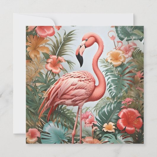 Elegante roze flamingo vogel en tropische bloemen (Voorkant)