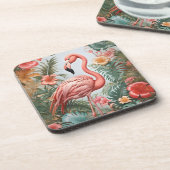 Elegante roze flamingo vogel en tropische bloemen bier onderzetter (Linkerzijde)