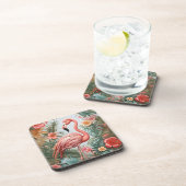 Elegante roze flamingo vogel en tropische bloemen bier onderzetter (Rechterzijde)