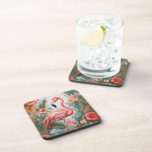 Elegante roze flamingo vogel en tropische bloemen bier onderzetter (Rechterzijde)