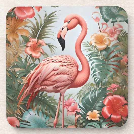Elegante roze flamingo vogel en tropische bloemen bier onderzetter (Voorkant)