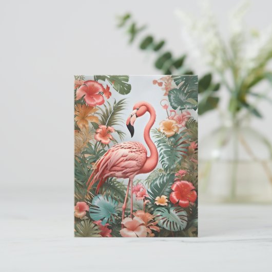 Elegante roze flamingo vogel en tropische bloemen briefkaart (Staand voorkant)