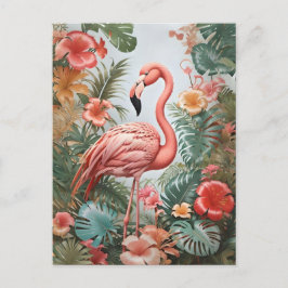 Elegante roze flamingo vogel en tropische bloemen briefkaart