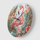 Elegante roze flamingo vogel en tropische bloemen grote klok (Hoek)