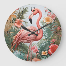 Elegante roze flamingo vogel en tropische bloemen grote klok