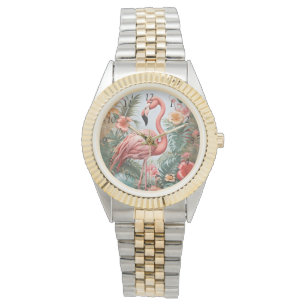 Elegante roze flamingo vogel en tropische bloemen horloge